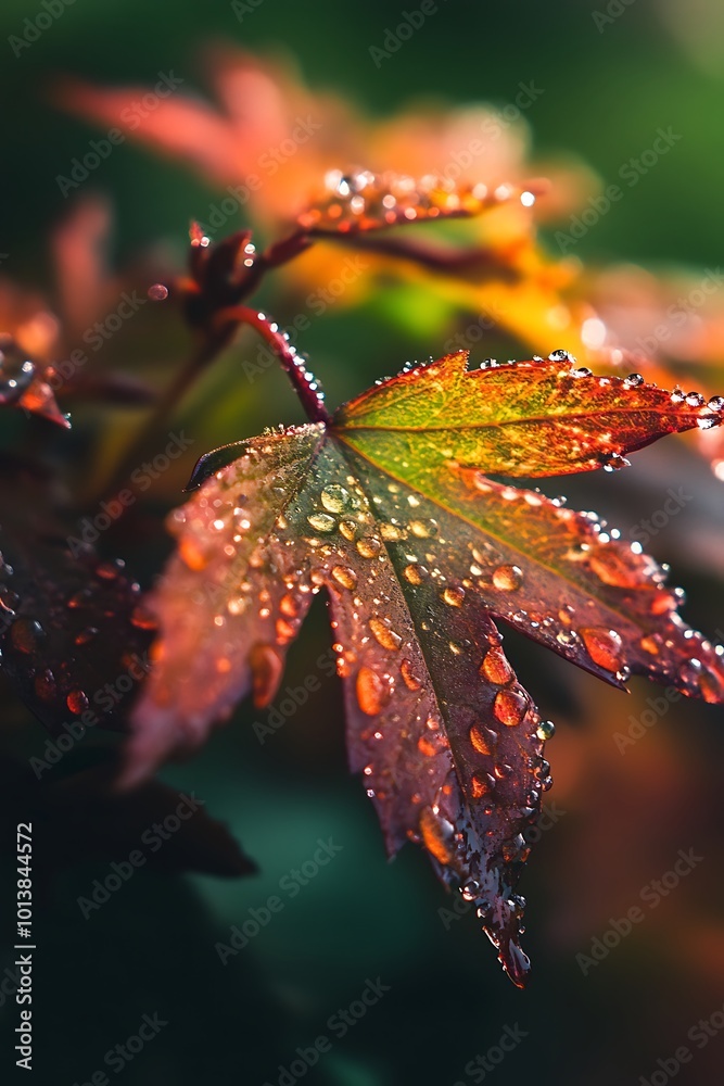 Wall mural Close up of raindrops on colorful autumn leaves. Macro photography of nature, fall foliage, weather and seasons