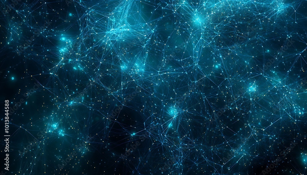 Poster a mesmerizing cosmic scene featuring glowing stars and intricate networks of blue light against a da