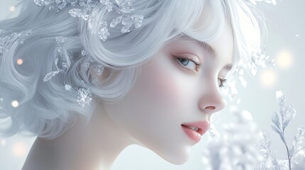 Elegant Woman with White Hair and Floral Details in a Dreamy Winter Scene