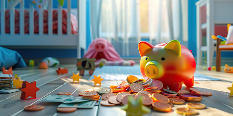 A brightly colored piggy bank, spilling over with coins and bills, on a child's bedroom floor.