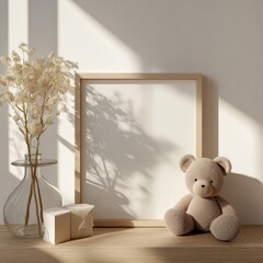 A cozy setting with a rustic wooden frame, a plush teddy bear, and a delicate vase, capturing natural lighting's warmth and comfort.