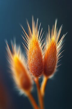 Macro photography of dry grass flower with spiky texture in warm tones against a dark blue background