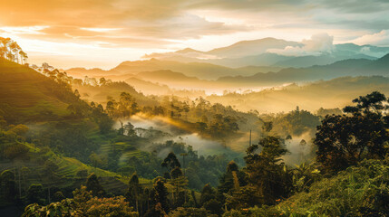 Fototapeta premium Serene mountain view during golden hour, mist rising from the valley, perfect blend of light and shadow