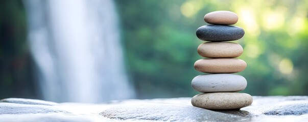 Obraz premium Tranquil Stacked Stones by Rainforest Stream - Serene Waterfall Backdrop Showcasing Natures Adventure and Beauty in Lush Green Landscape