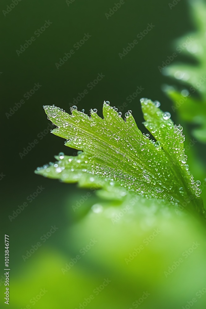 Canvas Prints Close up of a green leaf with dew drops. Macro photo of water droplets on foliage. Nature, freshness, and spring background.