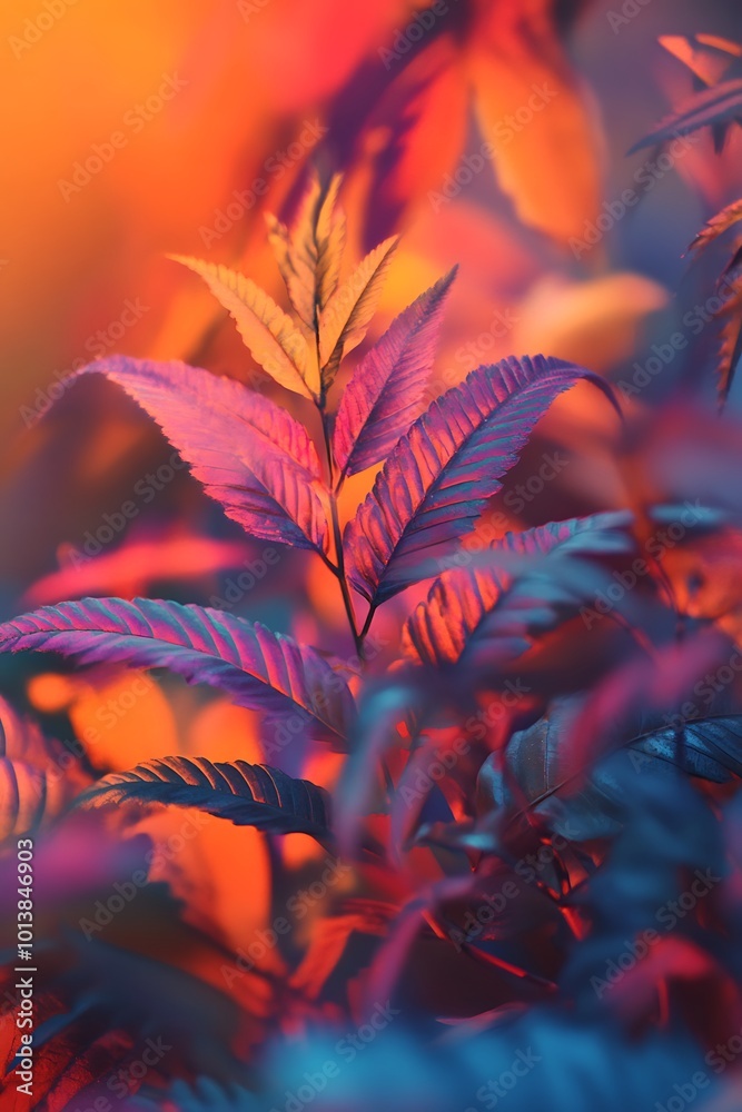 Poster Vibrant Purple and Orange Leaves Close Up, Abstract Nature Background