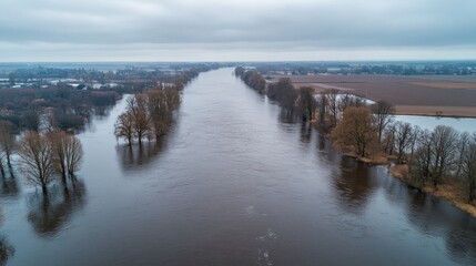 Aerial view of a wide river with bare trees on the banks in winter, with a gray overcast sky.