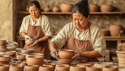 Artisans skillfully shaping clay pots in a traditional workshop, showcasing craftsmanship and dedication.