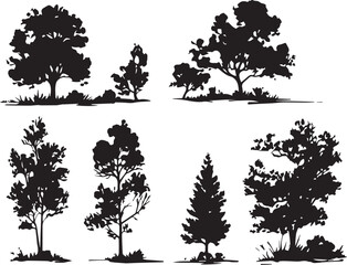Silhouette tree set. Side view, set of graphic trees elements outline symbol for architecture and landscape design drawing. Hand drawn vector illustration	
