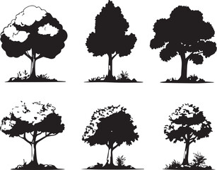Silhouette tree set. Side view, set of graphic trees elements outline symbol for architecture and landscape design drawing. Hand drawn vector illustration	