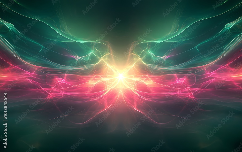 Poster A mesmerizing burst of light and color, blending shades of pink and green, creating an abstract cosmic effect.