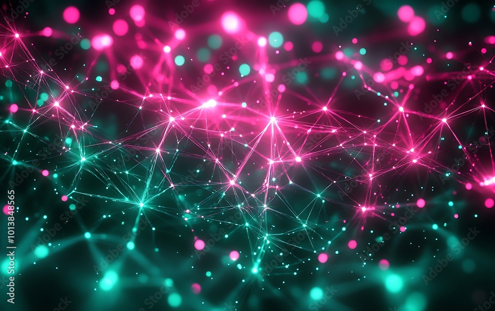 Aufkleber a vibrant digital network pattern featuring glowing pink and green connections against a dark backgr