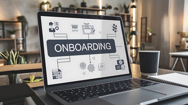 Laptop displaying an onboarding process diagram in a modern office setting