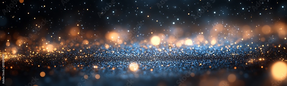 Poster a mesmerizing blend of glowing particles and shimmering lights against a dark backdrop, creating a m