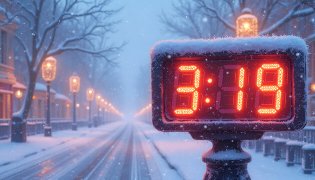 New Year marathon timing clock showing race time, cold and focused atmosphere on a snow-covered street