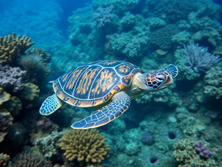 Obraz premium A bright sea turtle gracefully swims in a coral reef 