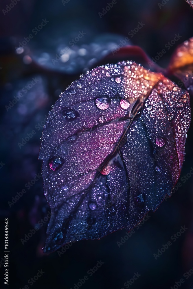 Wall mural Closeup of a Dew Covered Leaf in Deep Purple Hues