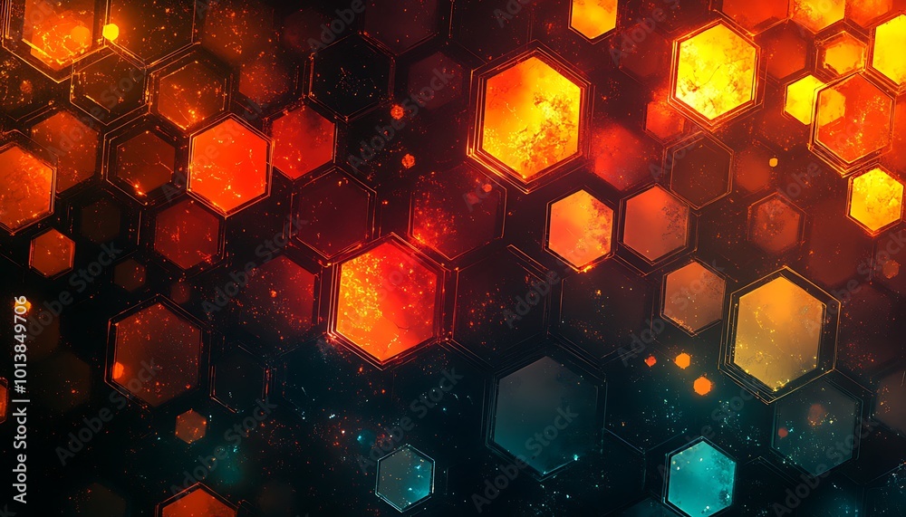 Aufkleber a visually striking pattern of glowing hexagons in vibrant orange and blue hues against a dark backg
