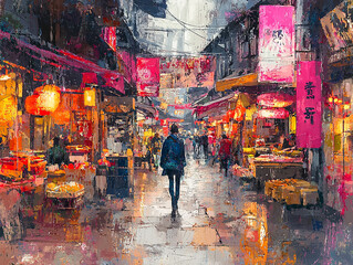 Obraz premium Dynamic and energetic street scene in a bustling Asian market, with street vendors, vibrant textiles, and a myriad of colors and textures.