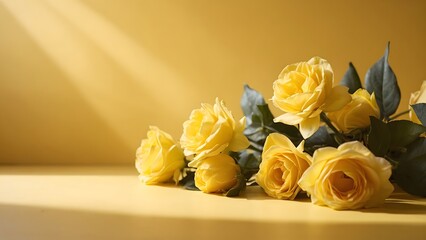 Yellow Roses Arranged Beautifully on a Vibrant Yellow Surface With Soft Sunlight Illuminating the Scene