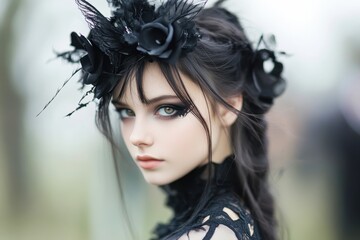 A young woman with striking green eyes and dramatic makeup wears a black lace dress and a dark floral headpiece in a close-up portrait, suitable for gothic fashion, beauty editorials