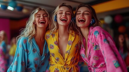 Fototapeta premium Happy Friends Wearing Matching Pajamas Singing Karaoke