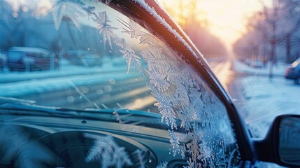 The windscreen of a car covered in frost and ice on a winter morning, close up