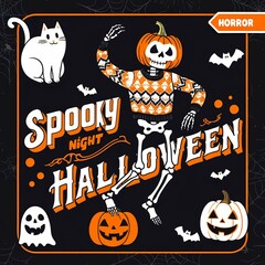 Collection of halloween cartoon style posters , Skeletons and cars,bats and pumpkins