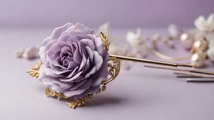 A Delicate Lavender Rose Hairpin Surrounded by Elegant Floral Accents on a Soft Purple Background