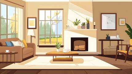 Home living room with a relaxing zone, fireplace, and window
