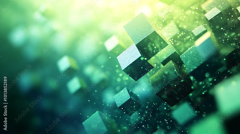 Poster a captivating abstract image featuring floating green cubes against a soft, luminous background.