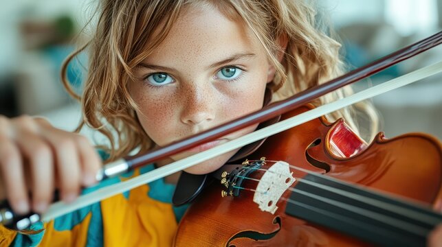 A focused young girl plays her violin passionately, embodying musical dedication and the emotional depth of classical music in an intimate and expressive moment.