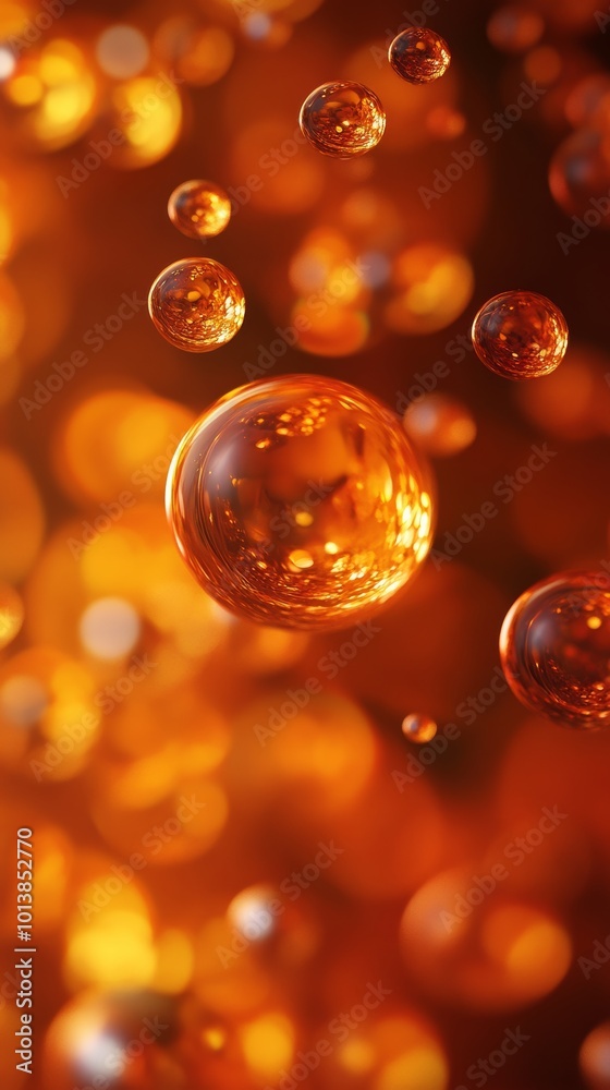 Poster Bubbles in amber liquid with bokeh effect