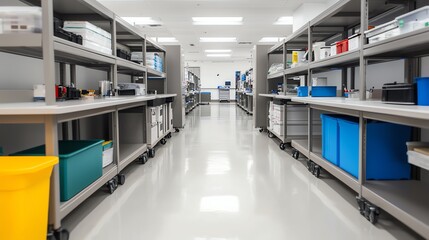 Obraz premium Clean and organized industrial storage area with shelves and containers, showcasing a functional workspace.