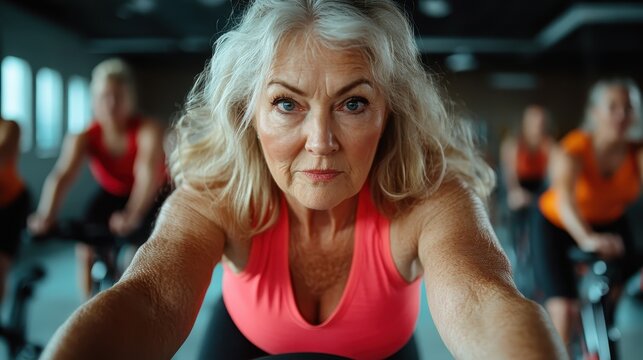 A determined middle-aged woman participates in a cycling exercise class, showcasing her focus and commitment in maintaining fitness and health, set in a dynamic studio.