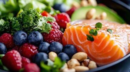 A nourishing salad composition featuring salmon, berries, nuts, and greens highlights freshness, balance, and vibrant flavor bursting with healthful nutrients.