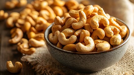 Fototapeta premium Homemade roasted salted cashews served in a bowl, showcasing their golden-brown color, crispy texture, and savory appeal, set on a natural wooden surface