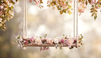 A beautiful floral swing adorned with pink flowers, suspended among green leaves, creating a serene and enchanting atmosphere.