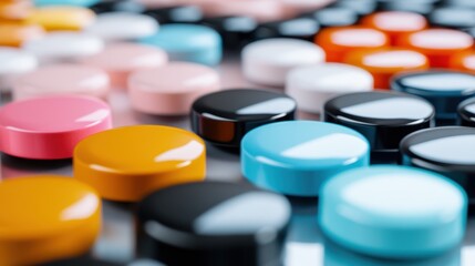 A modern take on pharmaceutical art, featuring glossy colored pills scattered to form a reflective pattern, showcasing the creative presentation of healthcare's evolution.