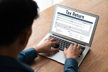 Online tax return form for submitting individual income tax return form snugly on the internet website. Government web for tax payment and return. Taxation technology concept.