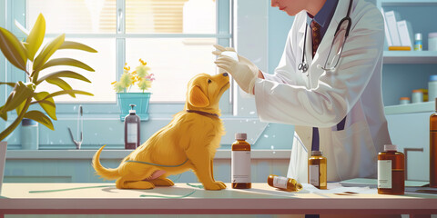 A vet administering treatment to a small yellow dog with an ointment, emphasizing the caring and nurturing aspect of animal medicine.