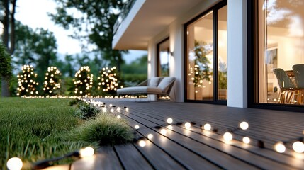 Obraz premium A spacious deck enhanced by glowing string lights and surrounded by lush plants, leading to a modern home's interior, emanating a welcoming ambiance.