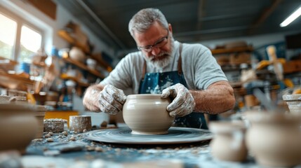 A man deeply engaged in crafting pottery in his studio highlights the devotion and skill involved in creating beautiful and unique ceramic pieces by hand.