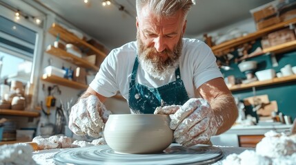 A focused man creates a clay bowl on a pottery wheel, showcasing his skills in a well-lit workshop with tools and sculptures in the background, displaying creativity and craftsmanship.