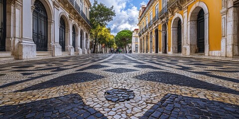 Obraz premium A cobblestone street with ornate buildings on either side, lined with trees and a few people walking. The perspective leads to a vanishing point in the distance, creating a sense of depth.