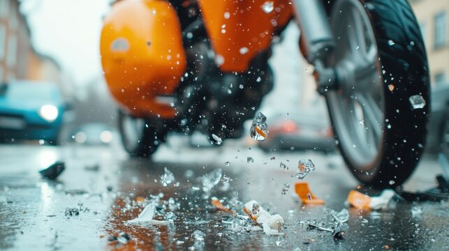 An intense scene highlighting a vivid orange motorcycle with shattered glass pieces flying against a blurred street background, capturing movement and excitement.