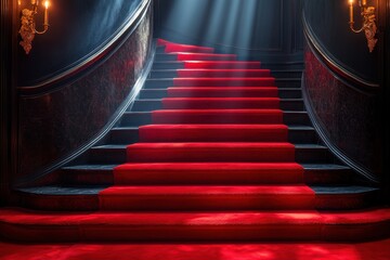 Red carpet on the stairs on a dark background. The path to glory, victory and success