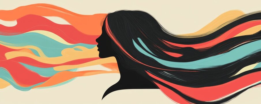 Silhouette of a woman with flowing colorful hair, abstract art style. Creativity and freedom concept