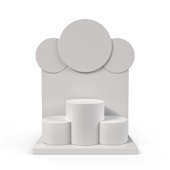 Point Of Sale Display. Product presentation display. Supermarket Promotional Display Stand, Empty Product Display With Three Circle shape header and Three Round Podium. 3D Render Illustration. 