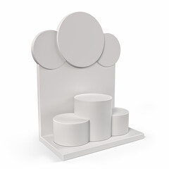 Point Of Sale Display. Product presentation display. Supermarket Promotional Display Stand, Empty Product Display With Three Circle shape header and Three Round Podium. 3D Render Illustration. 